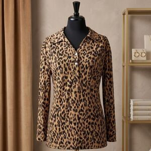 212 Collection Leopard Print Blouse XL Silky Satin Animal Print Top